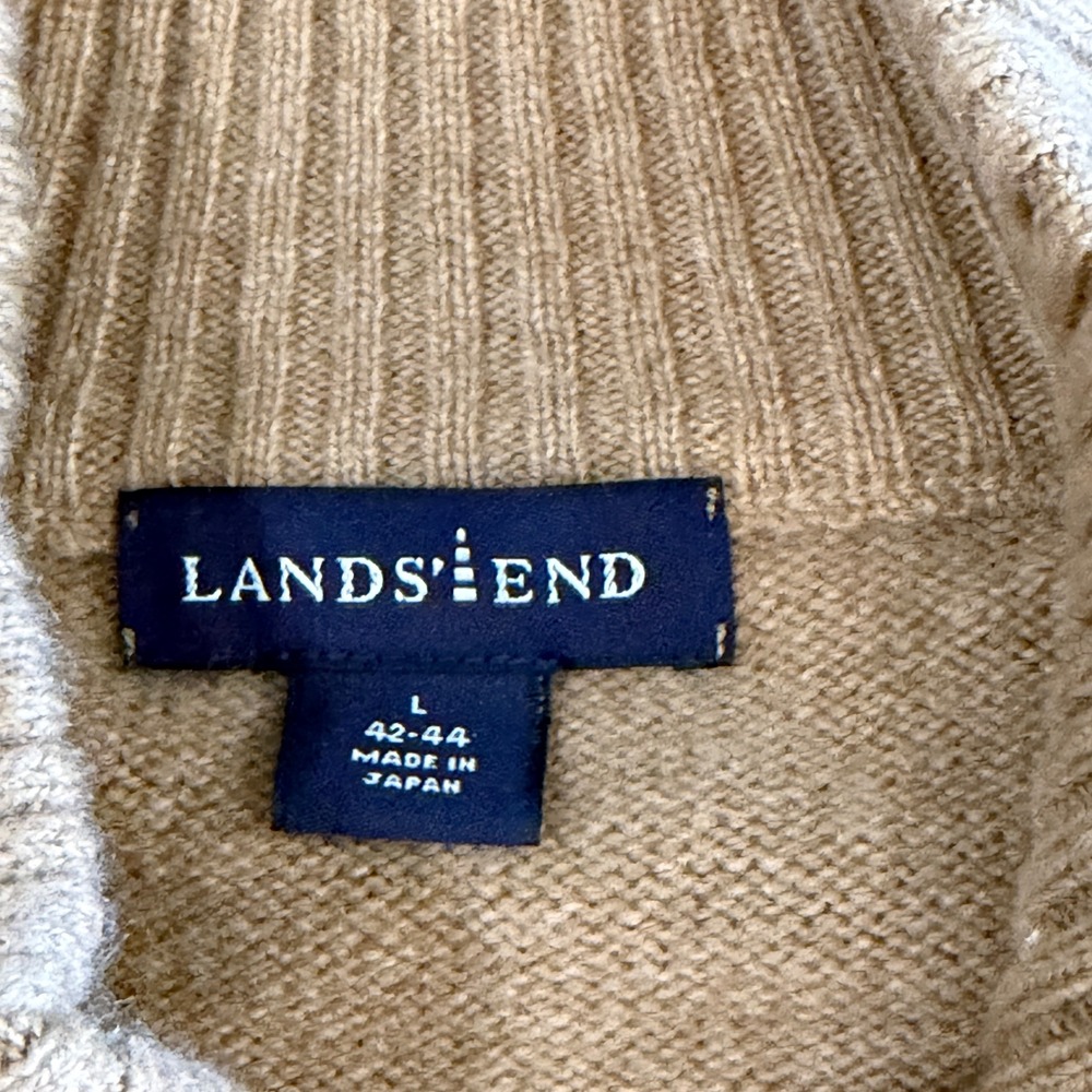 Lands End Mens Lambs Wool Cashmere 1/4 Zip Mock Neck Sweater Tan Luxury Large - Picture 5 of 8